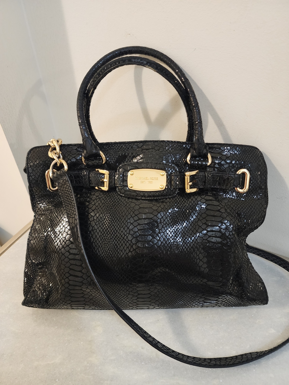 Michael Kors Black Snake-Embossed Leather Satchel